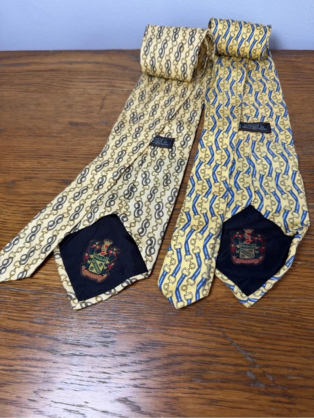 GUCCI Lot Of 2 Vintage Silk Tie Gold Horse Bit Logo.
